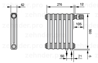 Схема (чертеж) Радиатор Zehnder Charleston 2056/6 №V002 Белый глянцевый RAL 9016
